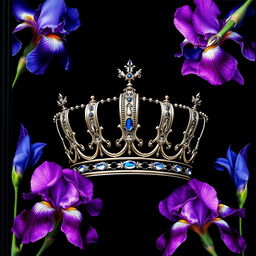 A realistic and intricately designed crown, centrally located on the cover, beautifully surrounded by vibrant iris flowers