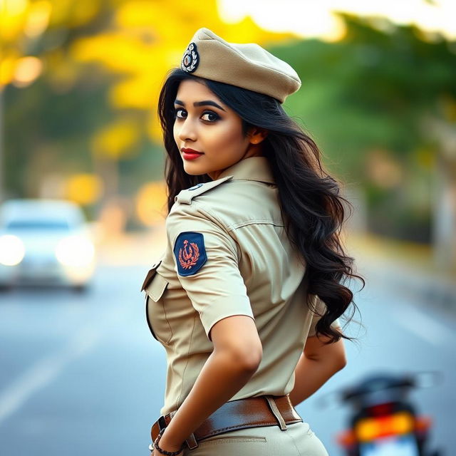 A sexy Indian woman dressed in a khaki police uniform, striking a playful pose while looking back over her shoulder with a confident expression, highlighting her curves