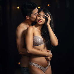 A 39-year-old Indonesian man with pure white skin gently hugs a beautiful 28-year-old woman from behind, kissing her cheek with affection