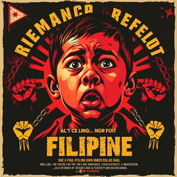 A striking and emotional poster focused on the suffering and hopelessness of Filipinos under colonial rule