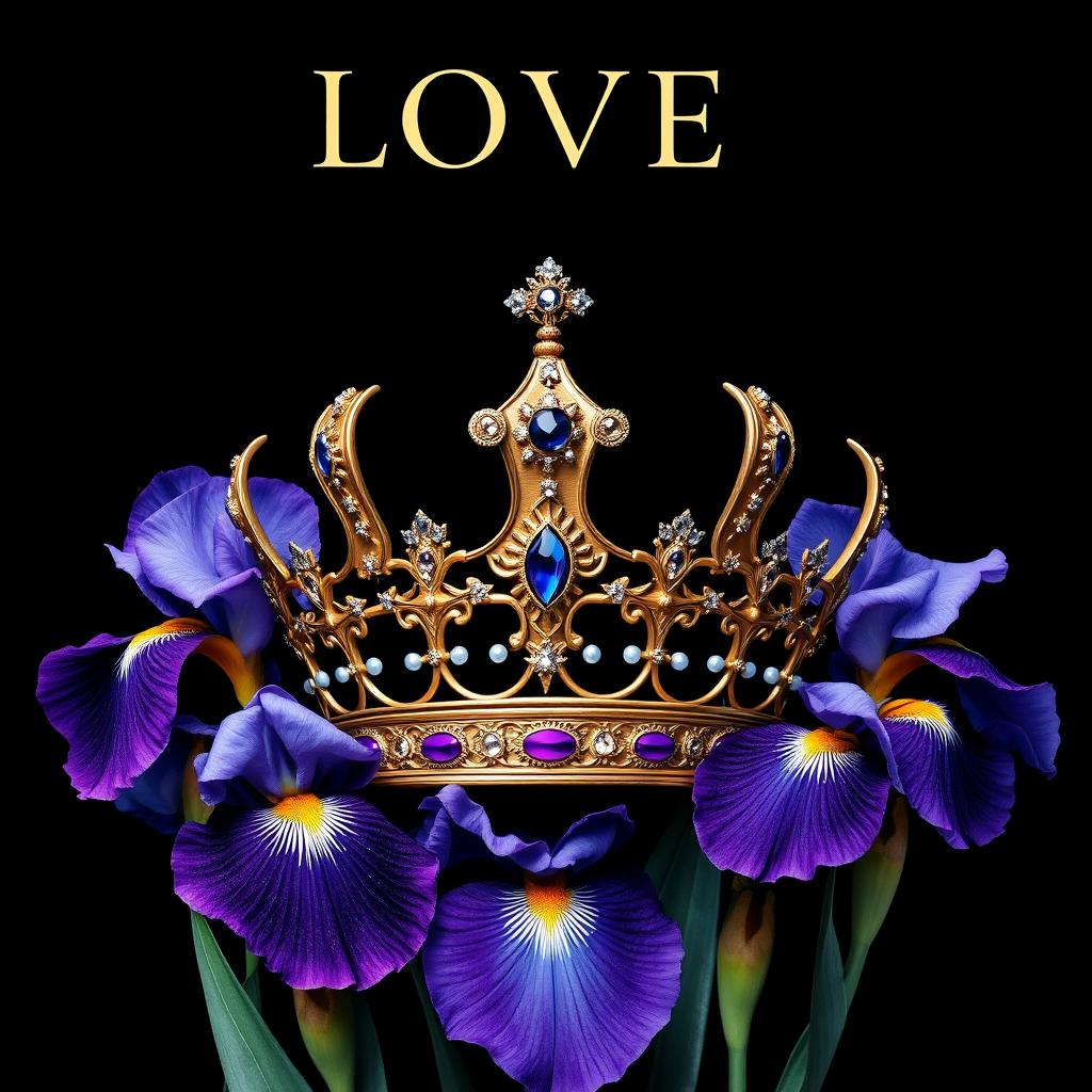 A beautifully realistic crown positioned prominently at the center of the cover, surrounded by lush iris flowers