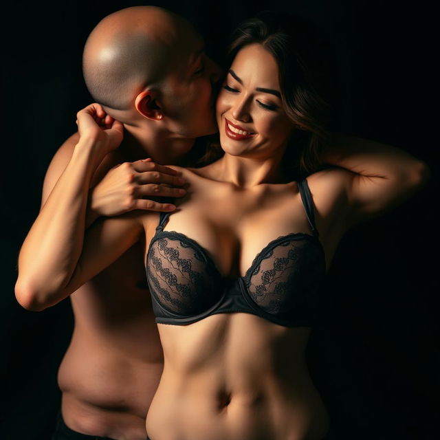 A 39-year-old Indonesian man with pure white skin is hugging a beautiful 28-year-old woman from behind, kissing her cheek affectionately