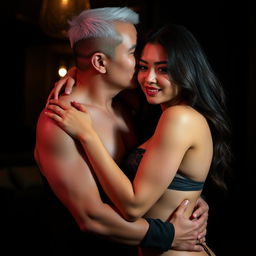 A 39-year-old Indonesian man with pure white skin is hugging a beautiful 28-year-old woman from behind, kissing her cheek affectionately