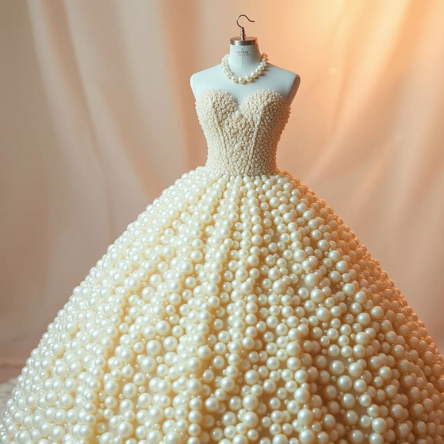 A stunning ball gown adorned with pearls throughout the entire dress, showcasing a blend of elegance and luxury
