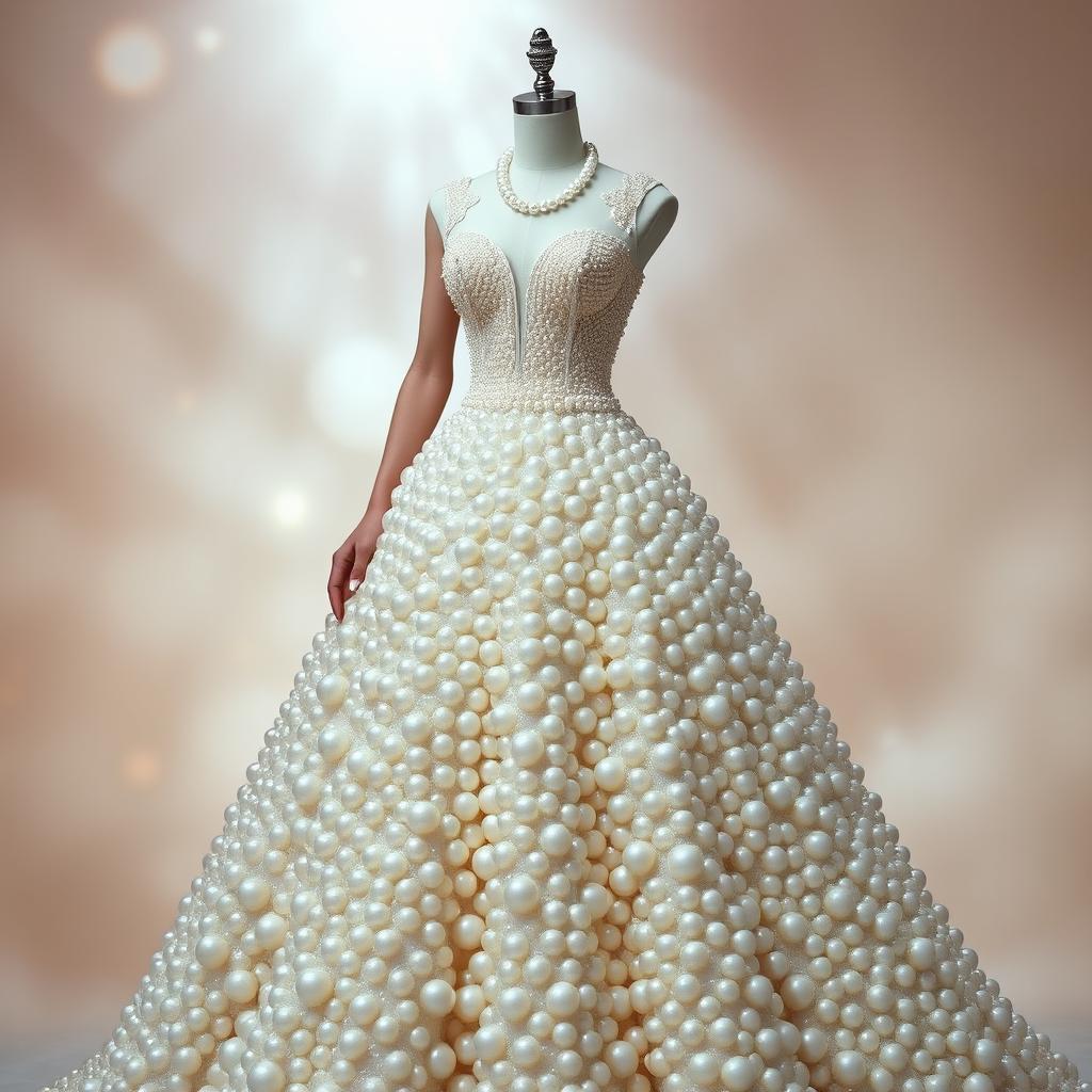 A stunning ball gown adorned with pearls throughout the entire dress, showcasing a blend of elegance and luxury