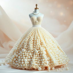 A stunning ball gown adorned with pearls throughout the entire dress, showcasing a blend of elegance and luxury