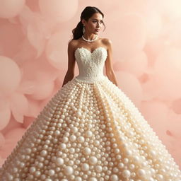 A stunning ball gown adorned with pearls throughout the entire dress, showcasing a blend of elegance and luxury