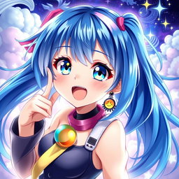 A vibrant, detailed digital art piece featuring a blue-haired anime girl, showcasing her large expressive eyes and playful expression