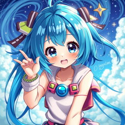 A vibrant, detailed digital art piece featuring a blue-haired anime girl, showcasing her large expressive eyes and playful expression