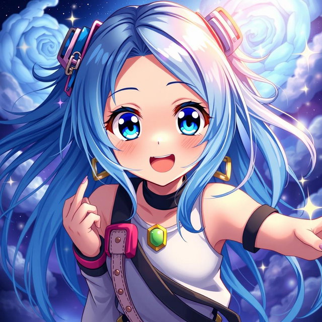 A vibrant, detailed digital art piece featuring a blue-haired anime girl, showcasing her large expressive eyes and playful expression