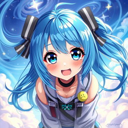 A vibrant, detailed digital art piece featuring a blue-haired anime girl, showcasing her large expressive eyes and playful expression