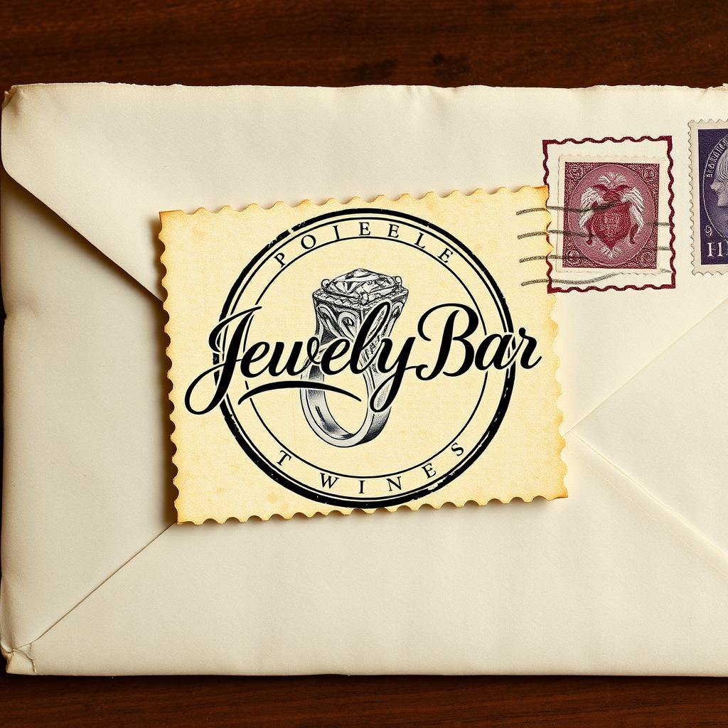 A vintage postcard-style stamp affixed to an aged envelope, featuring elegant calligraphy that reads "Jewelry Bar" prominently displayed