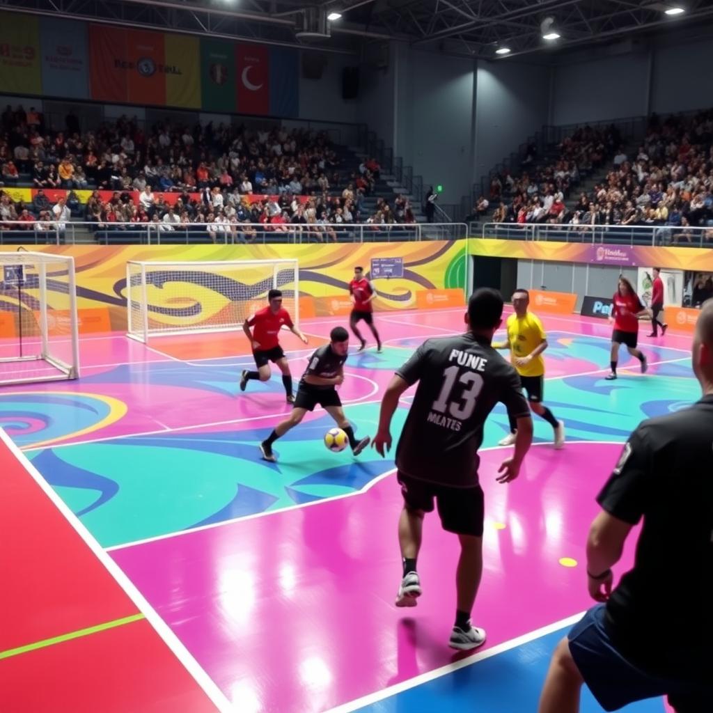 A vibrant and eye-catching futsal court, featuring bright colored markings, dynamic patterns on the floor, and energetic players engaged in an exciting match