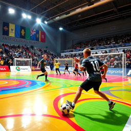A vibrant and eye-catching futsal court, featuring bright colored markings, dynamic patterns on the floor, and energetic players engaged in an exciting match