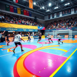 A vibrant and eye-catching futsal court, featuring bright colored markings, dynamic patterns on the floor, and energetic players engaged in an exciting match