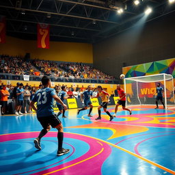 A vibrant and eye-catching futsal court, featuring bright colored markings, dynamic patterns on the floor, and energetic players engaged in an exciting match