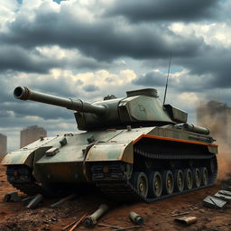 A battle tank in a dynamic military setting, showcasing its powerful armored body and gun turret