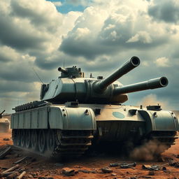 A battle tank in a dynamic military setting, showcasing its powerful armored body and gun turret