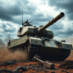 A battle tank in a dynamic military setting, showcasing its powerful armored body and gun turret