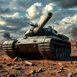 A battle tank in a dynamic military setting, showcasing its powerful armored body and gun turret