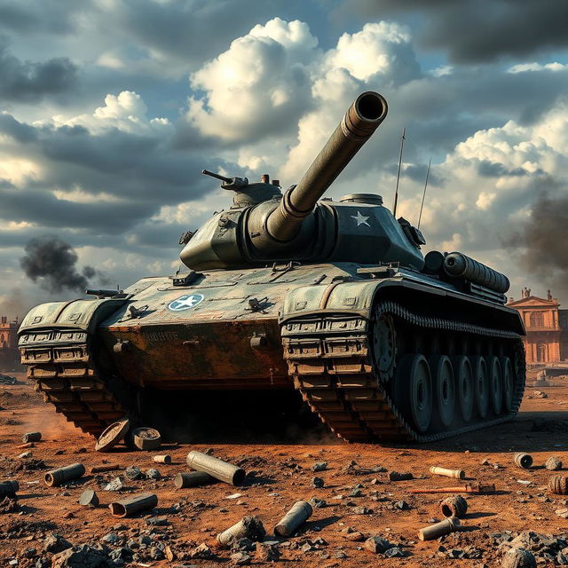 A battle tank in a dynamic military setting, showcasing its powerful armored body and gun turret
