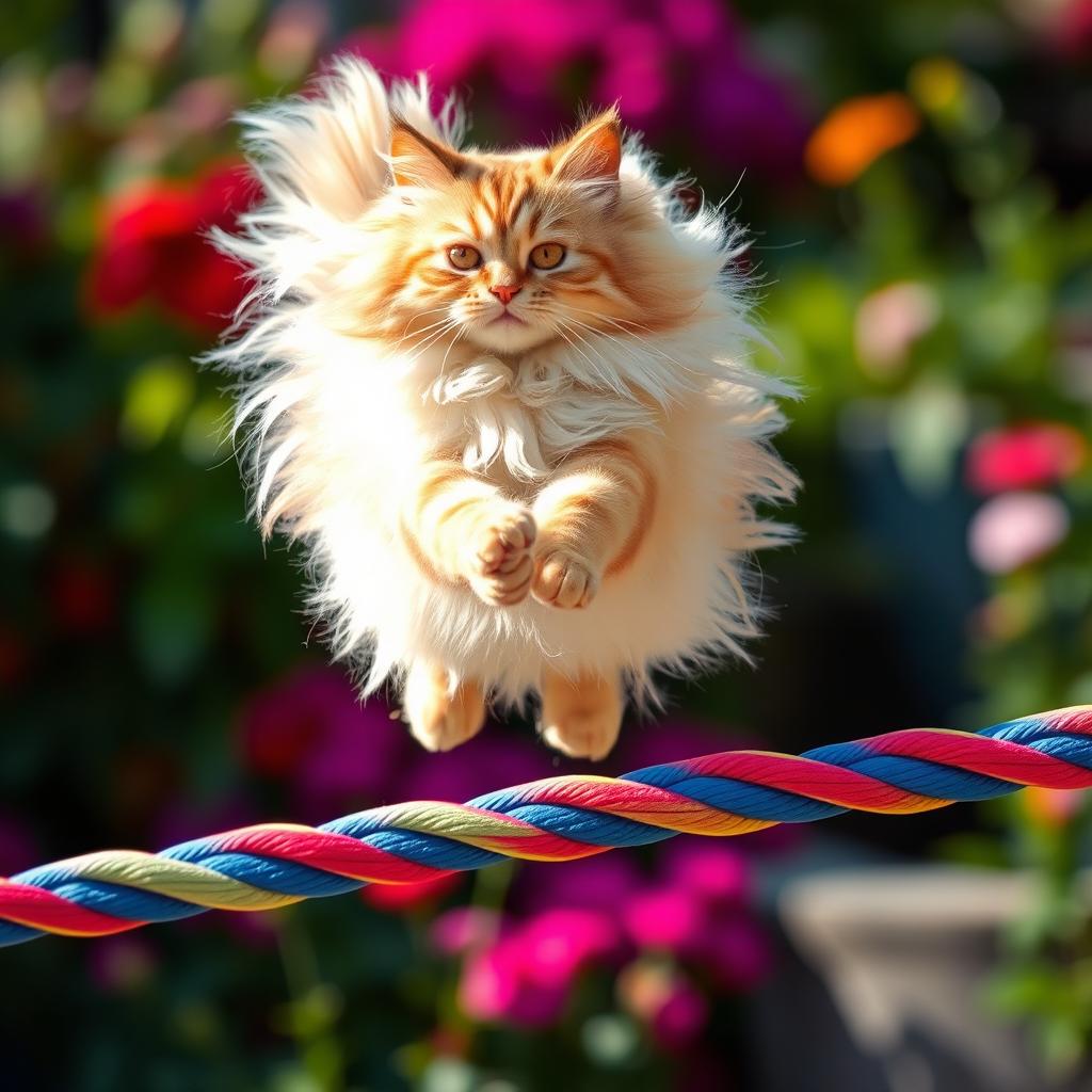 A fluffy Persian cat gracefully jumping onto a colorful rope, showcasing its long fur and expressive eyes