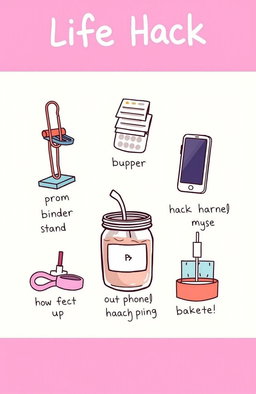 A visually appealing illustration of various life hacks, depicted as fun and colorful icons or objects