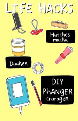 A visually appealing illustration of various life hacks, depicted as fun and colorful icons or objects