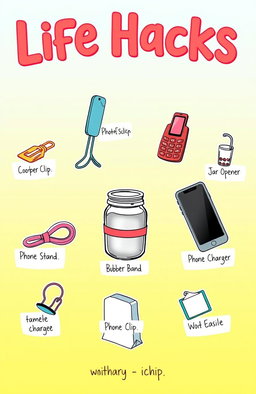 A visually appealing illustration of various life hacks, depicted as fun and colorful icons or objects