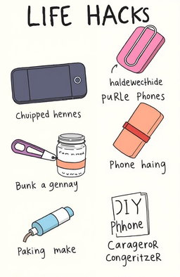 A visually appealing illustration of various life hacks, depicted as fun and colorful icons or objects