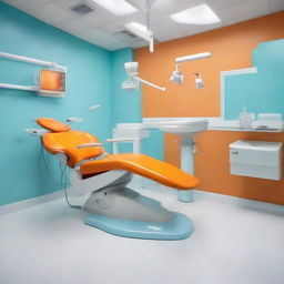 A vibrant dental unit featuring an orange dental chair, white floor, and light blue walls. The unit radiates positivity and energy, balances professional requirements with a playful color scheme, and is equipped with state-of-the-art dental equipment.