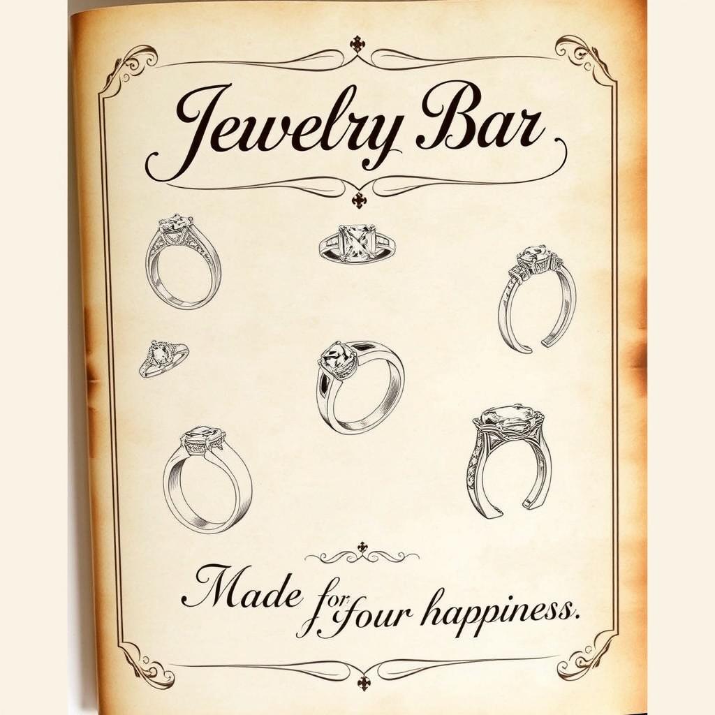 A vintage-style brochure featuring the header "Jewelry Bar" in elegant, ornate typography