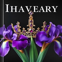 A stunningly realistic crown, intricately designed, situated at the center of a cover, enveloped by lush iris flowers