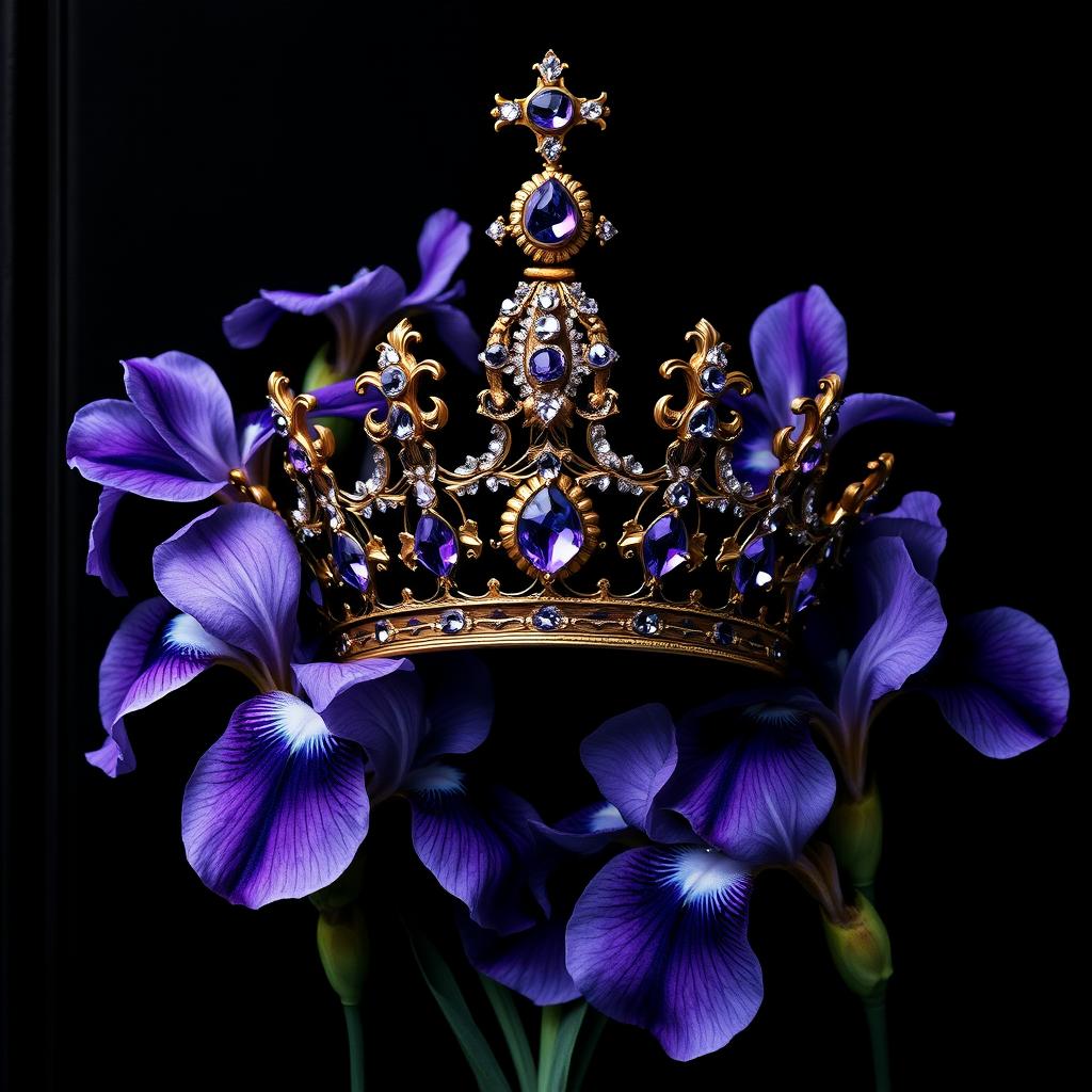 A stunningly realistic crown, intricately designed, situated at the center of a cover, enveloped by lush iris flowers