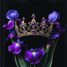 A stunningly realistic crown, intricately designed, situated at the center of a cover, enveloped by lush iris flowers