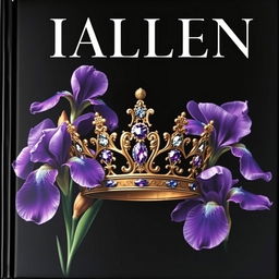 A stunningly realistic crown, intricately designed, situated at the center of a cover, enveloped by lush iris flowers