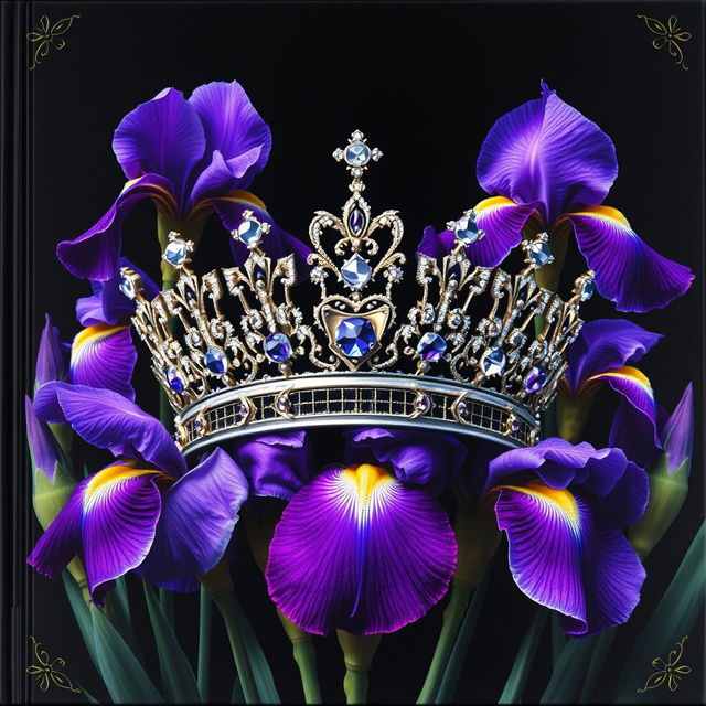 An elegantly realistic crown, intricately detailed and adorned with sparkling jewels, positioned at the center of a cover