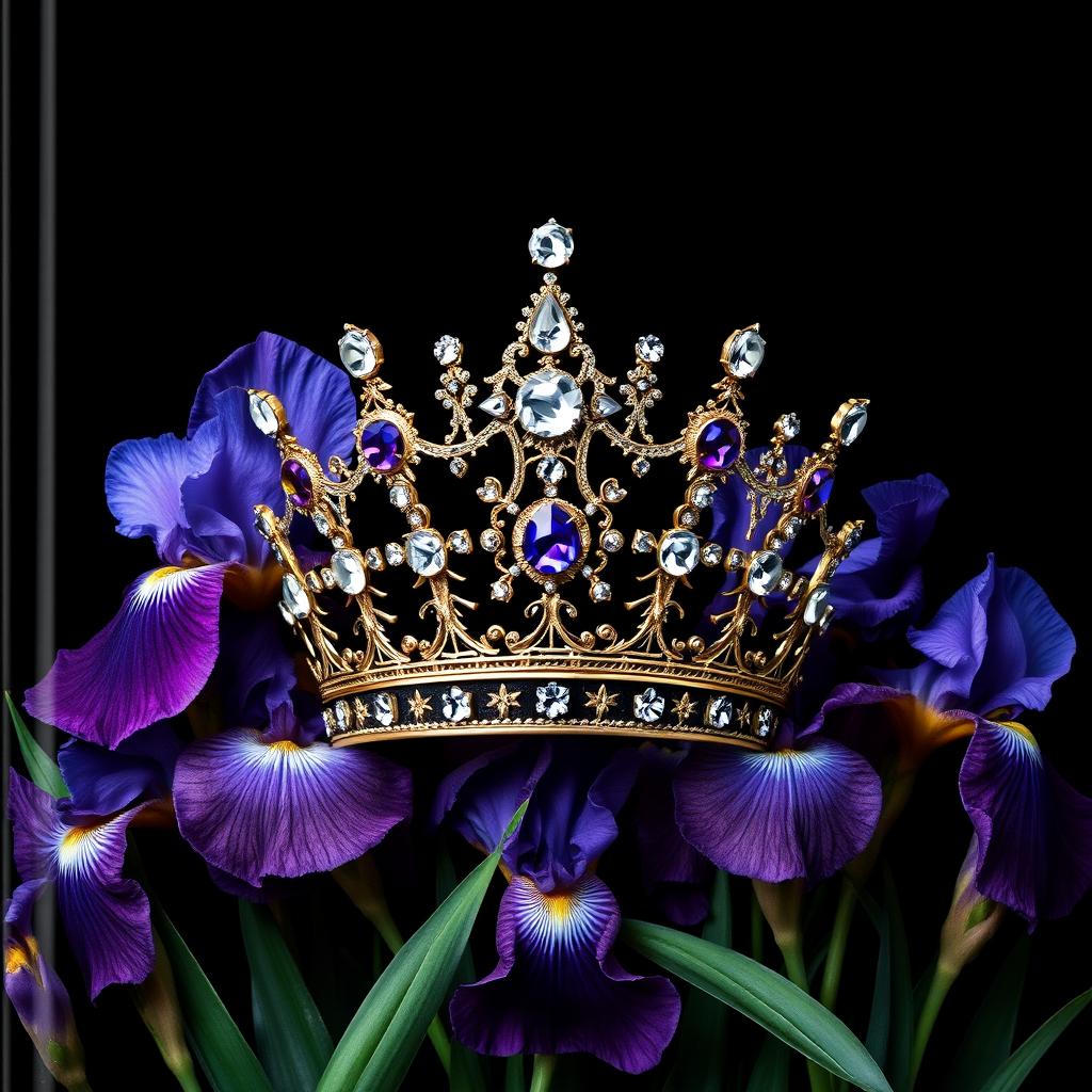 An elegantly realistic crown, intricately detailed and adorned with sparkling jewels, positioned at the center of a cover