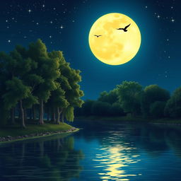 A serene night scene featuring a tranquil river flowing gently under a bright, glowing full moon