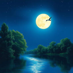 A serene night scene featuring a tranquil river flowing gently under a bright, glowing full moon