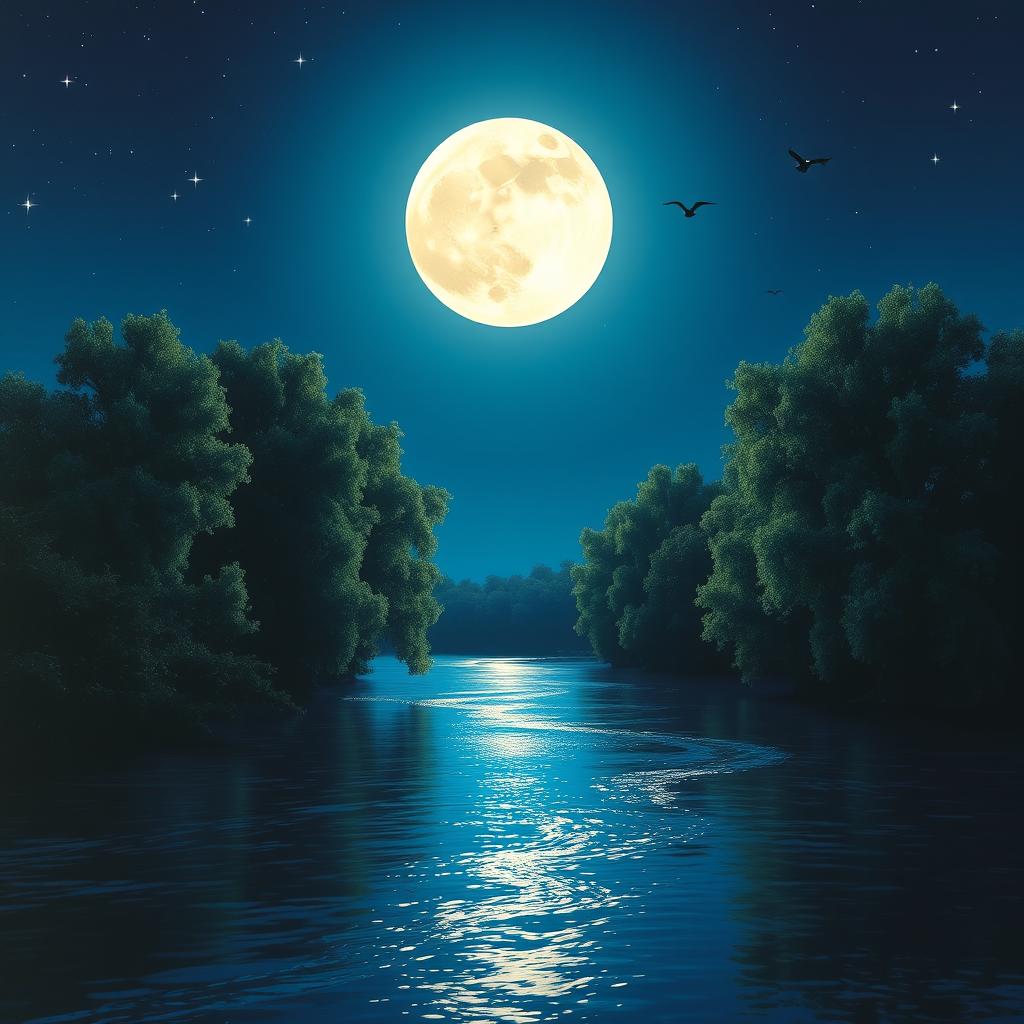 A serene night scene featuring a tranquil river flowing gently under a bright, glowing full moon