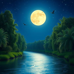 A serene night scene featuring a tranquil river flowing gently under a bright, glowing full moon