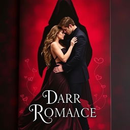 A dark romance book cover depicting a captivating woman and a brooding man entwined in a passionate embrace, with a shadowy figure looming behind them