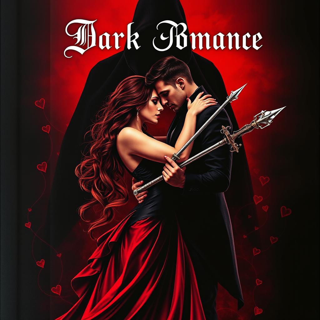 A dark romance book cover depicting a captivating woman and a brooding man entwined in a passionate embrace, with a shadowy figure looming behind them