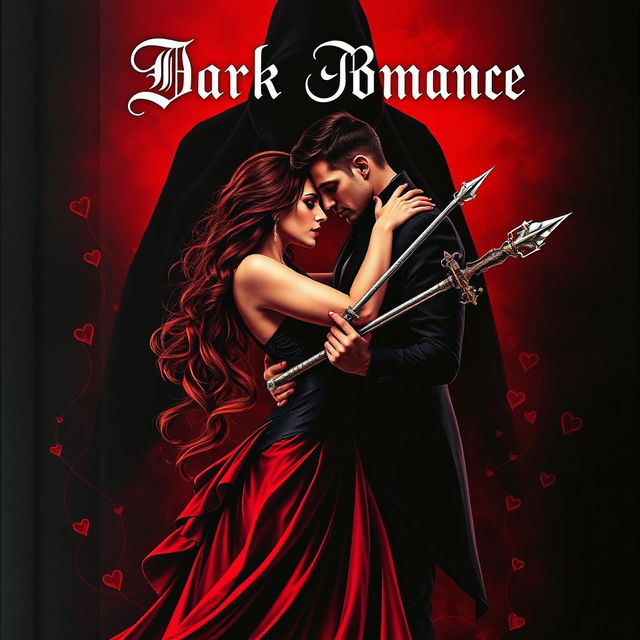 A dark romance book cover depicting a captivating woman and a brooding man entwined in a passionate embrace, with a shadowy figure looming behind them