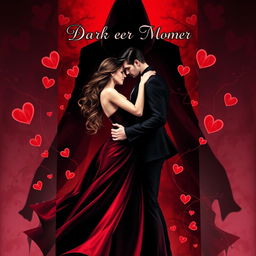 A dark romance book cover depicting a captivating woman and a brooding man entwined in a passionate embrace, with a shadowy figure looming behind them