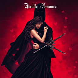 A dark romance book cover depicting a captivating woman and a brooding man entwined in a passionate embrace, with a shadowy figure looming behind them