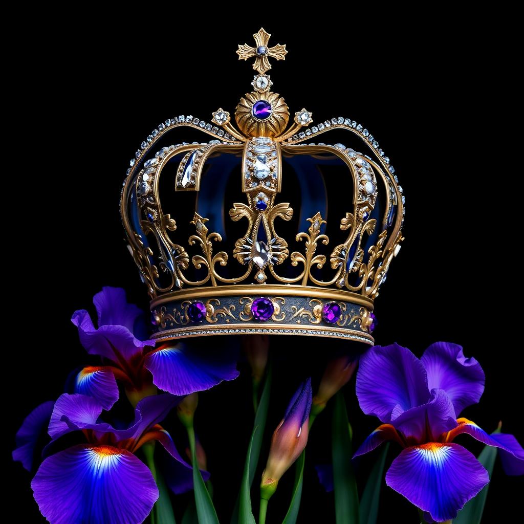 A stunningly realistic crown, beautifully crafted with intricate designs and sparkling gemstones, is showcased at the center of a cover