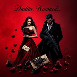 A dark romance book cover showcasing a captivating woman and a mysterious man, with a shadowy figure stalking them from the background