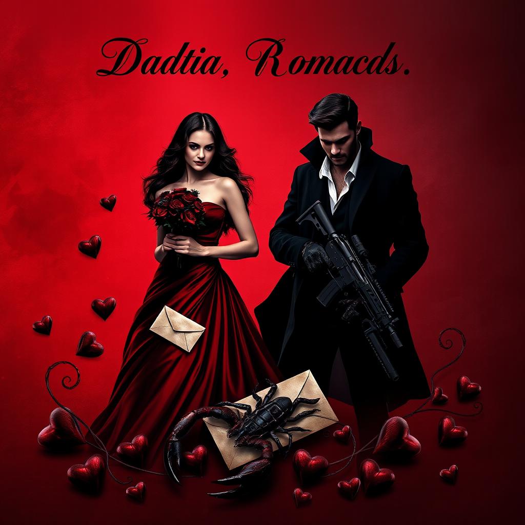 A dark romance book cover showcasing a captivating woman and a mysterious man, with a shadowy figure stalking them from the background